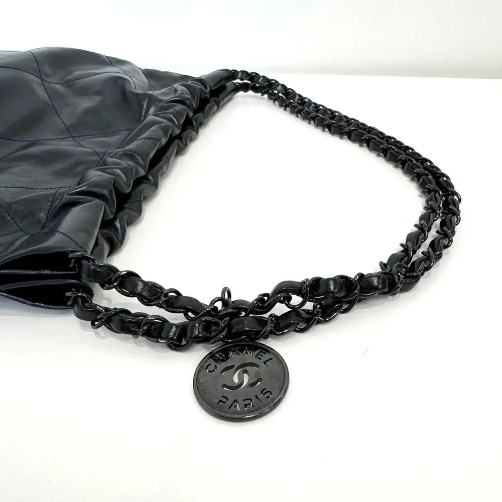 CHANEL 22 So Black Small Quilted Lambskin Tote Logo Shoulder Hobo Bag w Pouch